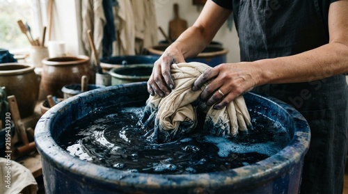 Artisan hands dyeing fabric using natural indigo vat in traditional workshop