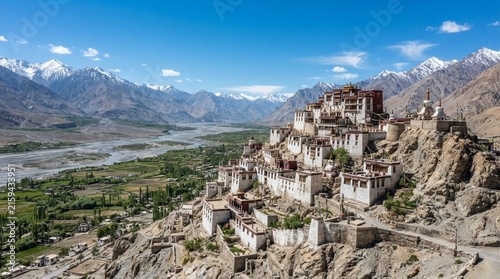 Ancient tibetan buddhist monastery perched on a rocky mountain ridge overlooking