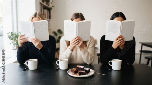Three young women hiding behind open books while sitting at a cafe table