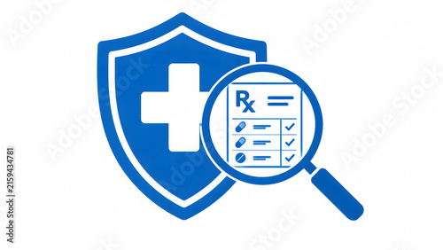 Blue medical insurance shield icon with a magnifying glass zooming in on a prescription document with pills isolated on white background