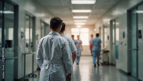 Doctors and nurses walking in hospital corridor