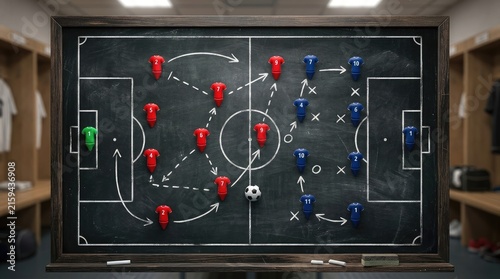 A coach analyzes a soccer game strategy on a chalkboard. The image shows a detailed tactical diagram with player positions indicated by red pegs.