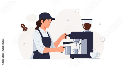 Barista Making Coffee with Espresso Machine - Vector Illustration