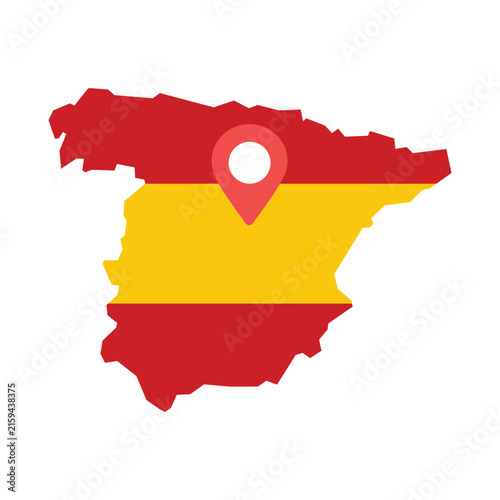 Red and yellow spain map silhouette with orange location pin icon in flat design. Perfect for travel websites and educational materials.