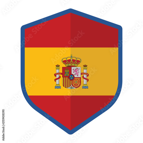 Spanish flag emblem shield in red and yellow for spains heraldry identity. Suitable for national identity presentations, educational materials, cultural studies.
