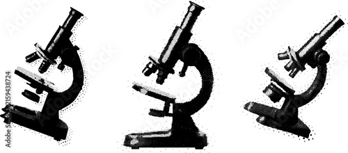 Set of Three Vintage Style Microscope Silhouettes with Halftone Texture
