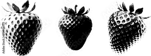 Vintage Halftone Strawberry Vector Set Black and White Pop Art Illustration of Three Berries