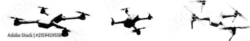 Set of Stylized Black and White Halftone Drone Silhouettes Isolated on White Background