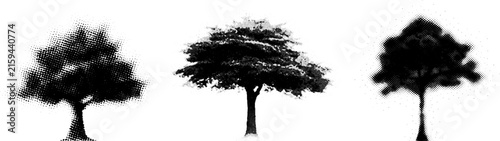 Set of Three Tree Silhouettes with Halftone Dot Pattern Black and White Graphic Vector Illustration