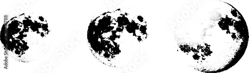 Set of Three Stylized Full Moon Vector Illustrations in Black and White Halftone Style