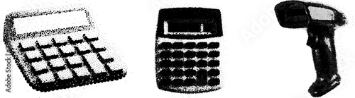 Set of Black and White Minimalist Icons Featuring Two Calculators and a Handheld Barcode Scanner in a Stippled Style