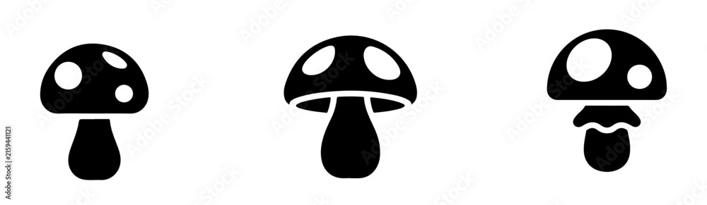 Fototapeta premium Minimalist mushroom icons set black vector silhouettes for nature branding forest maps and outdoor graphics.