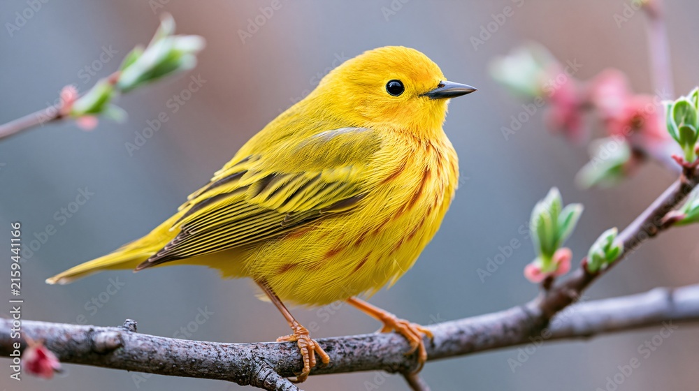 Obraz premium Yellow Warbler perched on budding branch, vibrant spring colors, natural closeup.