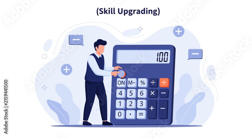 Man using calculator for skill upgrading and financial planning, concept of learning and growth