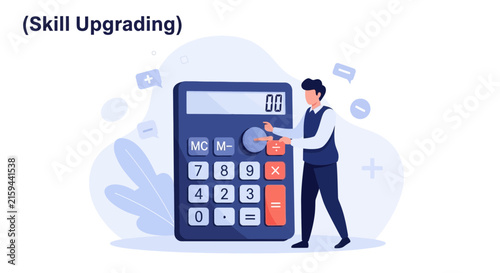Man using calculator for skill upgrading, learning and financial analysis concept