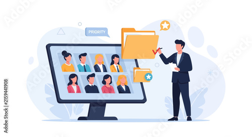 Man selecting prioritized candidates from a list on a computer screen, representing HR, recruitment, and talent management.