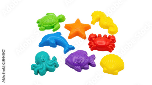 Set of colorful plastic sand molds in various sea creature shapes for beach play PNG Isolated on transparent background