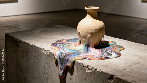  Conceptual surrealist melting ceramic vase on concrete