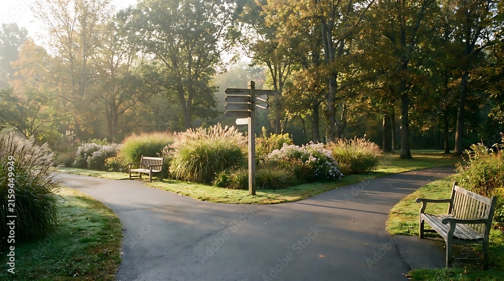Fototapeta premium Two divergent paths emerge in a serene park, bathed in soft morning light, inviting contemplation on life's choices and the journey ahead amidst tranquil nature