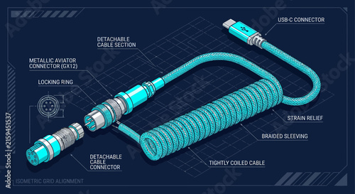 Coiled USB-C Cable with Detachable Aviator Connector, Isometric View