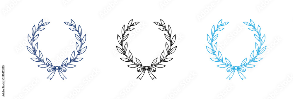 Fototapeta premium A collection of three artistic laurel wreaths featuring delicate leaves and tied ribbons in black blue and light cyan tones on a clean white background