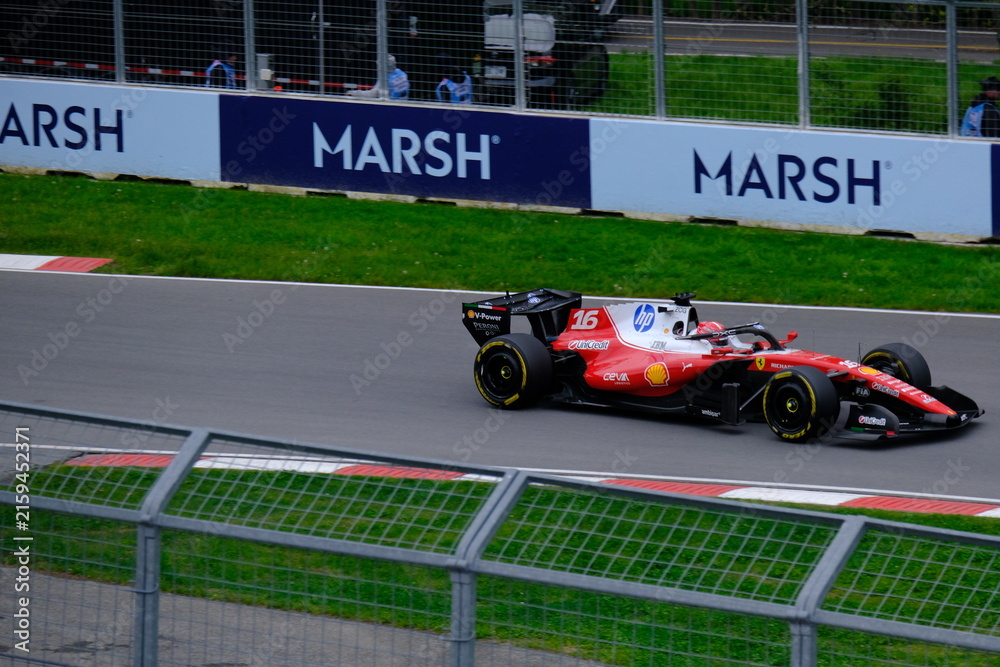 Fototapeta premium May 24, 2025, Montreal, Canada, Charles Leclerc drives Ferrari F1 car at Circuit Gilles Villeneuve. g.