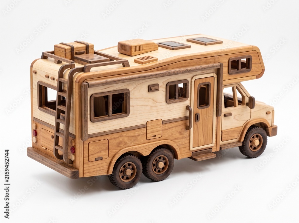 Obraz premium Wooden Toy Recreational Vehicle Made from Mixed Natural Woods