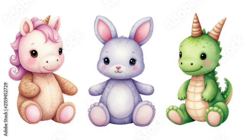 Cute plush toys unicorn bunny and dragon on transparent background PNG