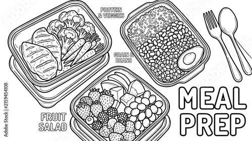 Three meal prep containers with food, fork and spoon, and text. Flat design illustration.