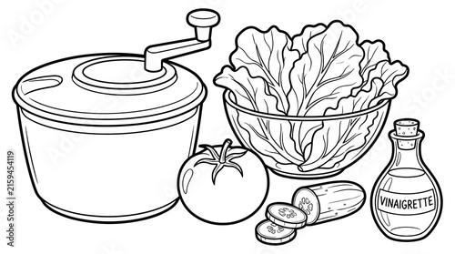 Vector illustration of salad ingredients: lettuce, tomato, cucumber, vinaigrette bottle, and salad spinner on white background