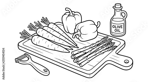 Vector illustration of fresh vegetables including carrots, bell peppers, and asparagus on a cutting board with a peeler and olive oil bottle. Flat
