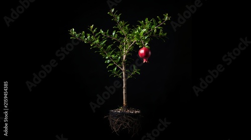 A small pomegranate tree with a single ripe fruit and visible roots is set against a dark backdrop.
