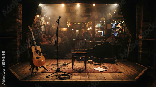 Acoustic guitar and microphone on a wooden stage in a dimly lit music club venue.
