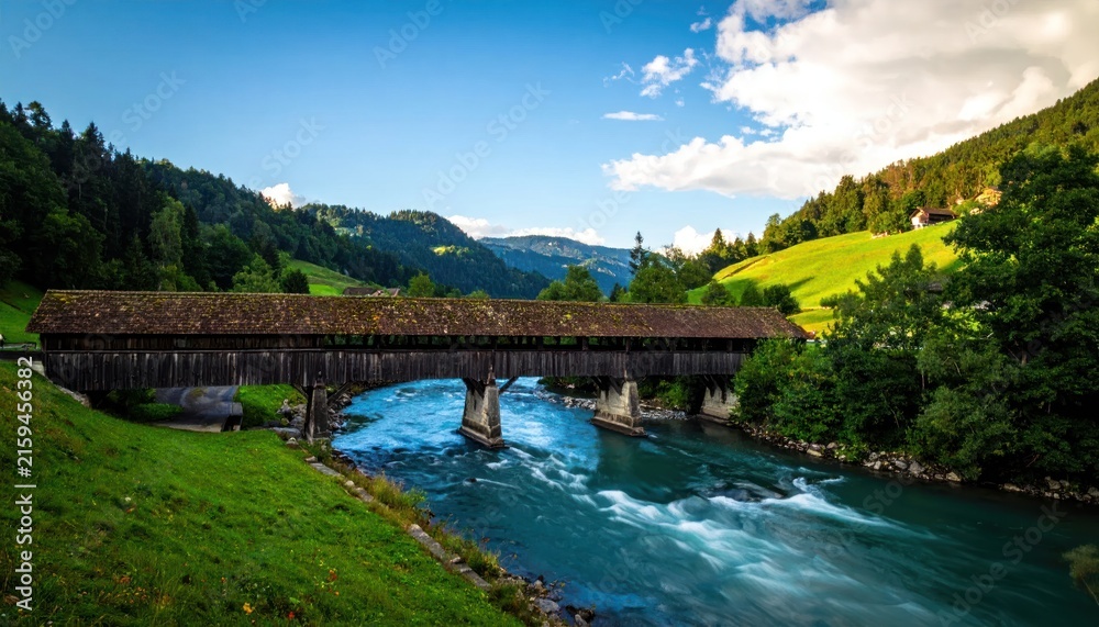 Fototapeta premium Historic covered bridge over mountain river valley.