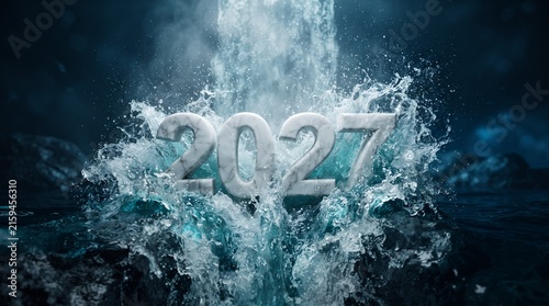 A dramatic waterfall crashes down over the stone numbers 2027, set against a dark and stormy sea, symbolizing a powerful force of nature and the passage of time.