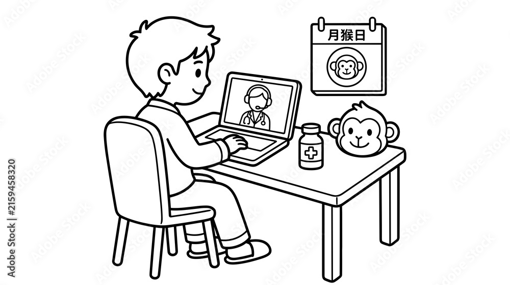 Fototapeta premium Man on video call with doctor, medicine bottle and monkey toy on desk, calendar in background