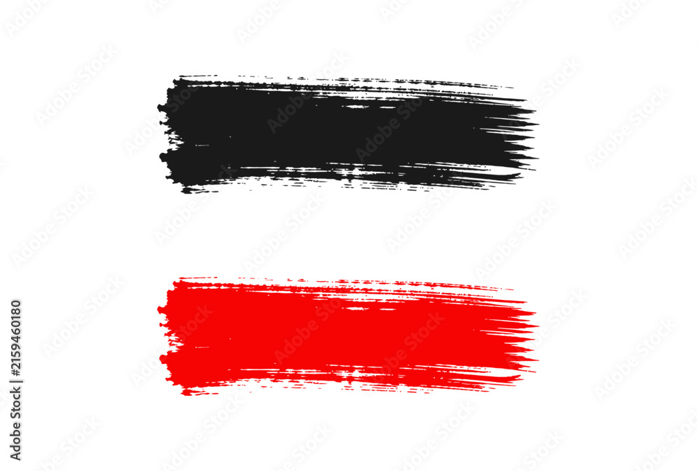 Fototapeta premium A collection of two horizontal textured paint brush strokes in black and red colors showing artistic bristle details