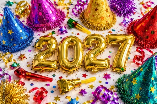 Gold 2027 balloons with colorful party hats and confetti for New Year celebration background