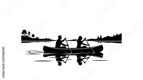 Silhouette of Couple Canoeing on a Calm Lake