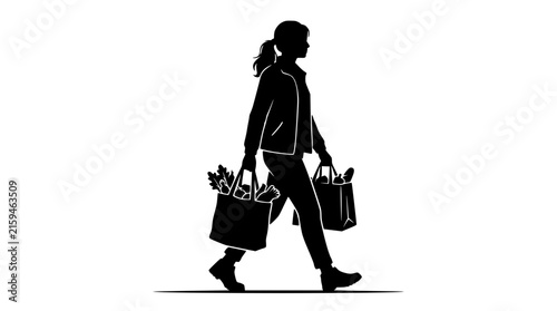 Silhouette of a woman carrying grocery bags isolated on white
