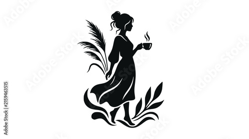 Silhouette of a Woman Holding a Coffee Cup with Nature Elements