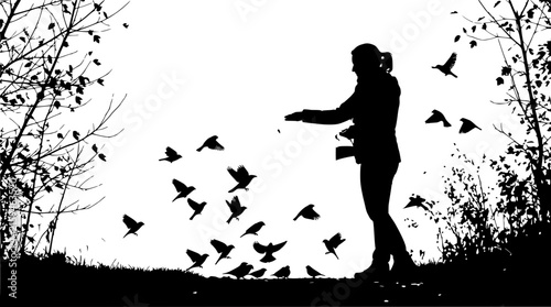 Silhouette of a woman feeding birds isolated on white