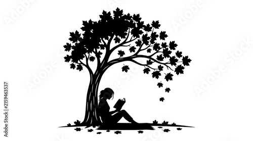 Silhouette of a Woman Reading Under a Maple Tree