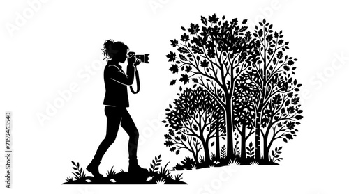 Silhouette of a Woman Photographer Taking Nature Photos