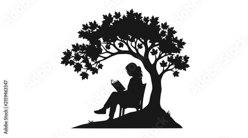 Silhouette of a woman reading a book under a maple tree