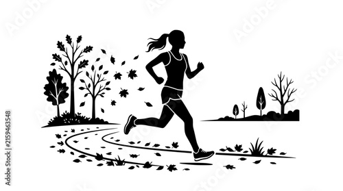 Silhouette of a Woman Running Through an Autumn Park