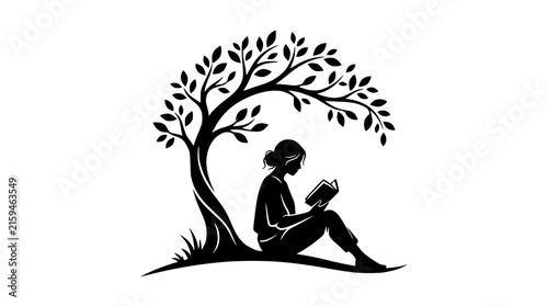 Silhouette of a woman reading a book under a tree