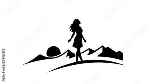 Silhouette of a Woman Standing in Nature Against Mountains