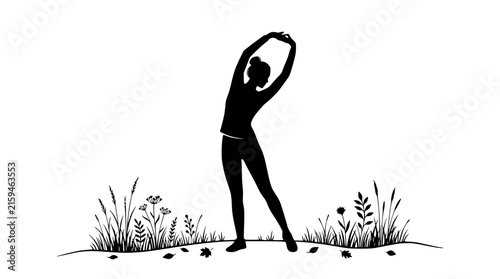 Silhouette of a Woman Stretching Outdoors on Grass