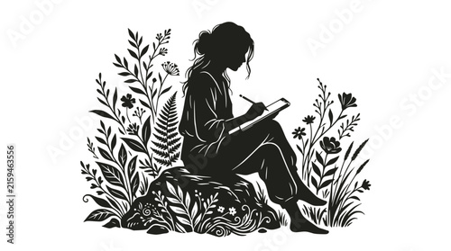 Silhouette of a woman sketching in a wild floral garden